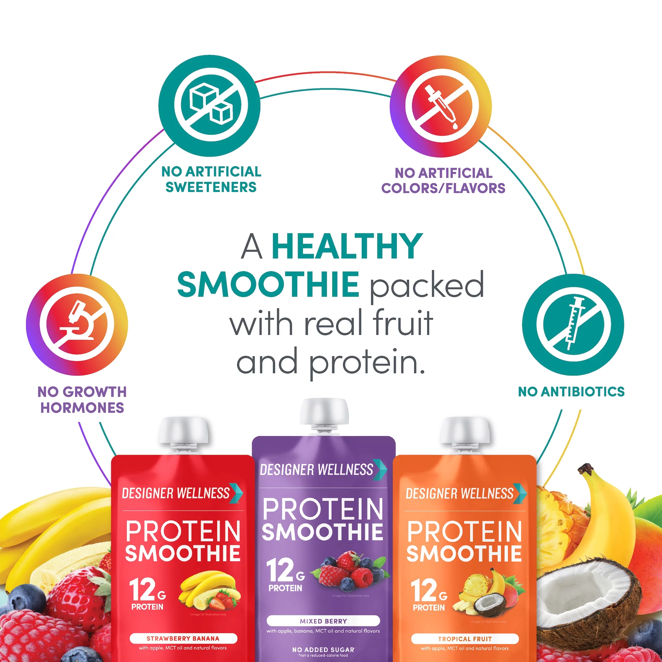 Designer Wellness Protein Smoothie, 12 Count Variety Pack, Real Fruit, 12g Protein, Low Carb, Zero Added Sugar, Gluten-Free