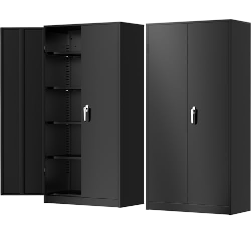 Greenvelly Metal Storage Cabinet with Lock, Steel Garage Storage Cabinet with 2 Doors and Adjustable Shelves, File Organization for Office, Home, Garage, School (Black)