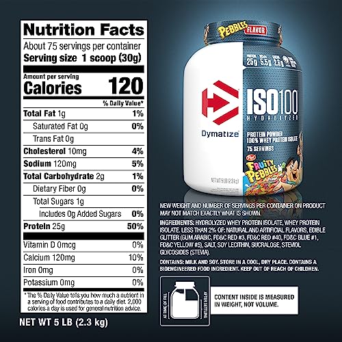 Dymatize x Fruity Pebbles ISO100 Whey Protein Powder Isolate, 25g of Protein, 20 Servings, 5.5g BCAAs, 120 Cal., Gluten Free, 1g Fat, 1g Sugar, 2g Carb