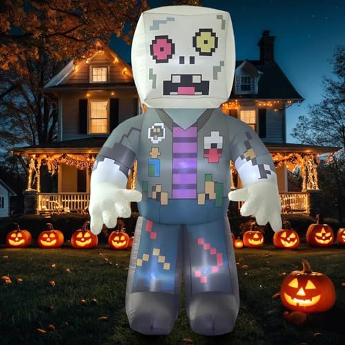 8FT Halloween Inflatable Pumpkin Skeleton with Ghost Decorations, Blow Up Decoration with Build-in LEDs for Indoor Outdoor Garden,Lawn, Halloween Parties