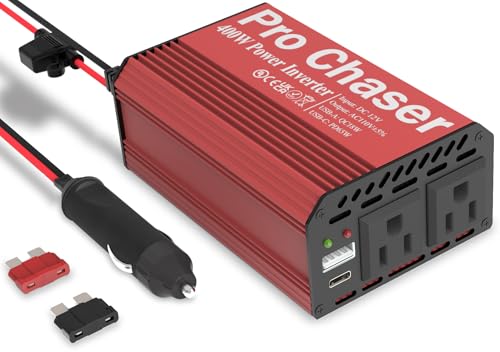Pro Chaser 400W Vehicle Power Inverter - 12V DC to 110V AC Car Converter, Dual AC Outlets, USB-A QC 18W & USB-C PD 65W Ports, Road Trip Charging Companion with Replaceable in-Line Fuse
