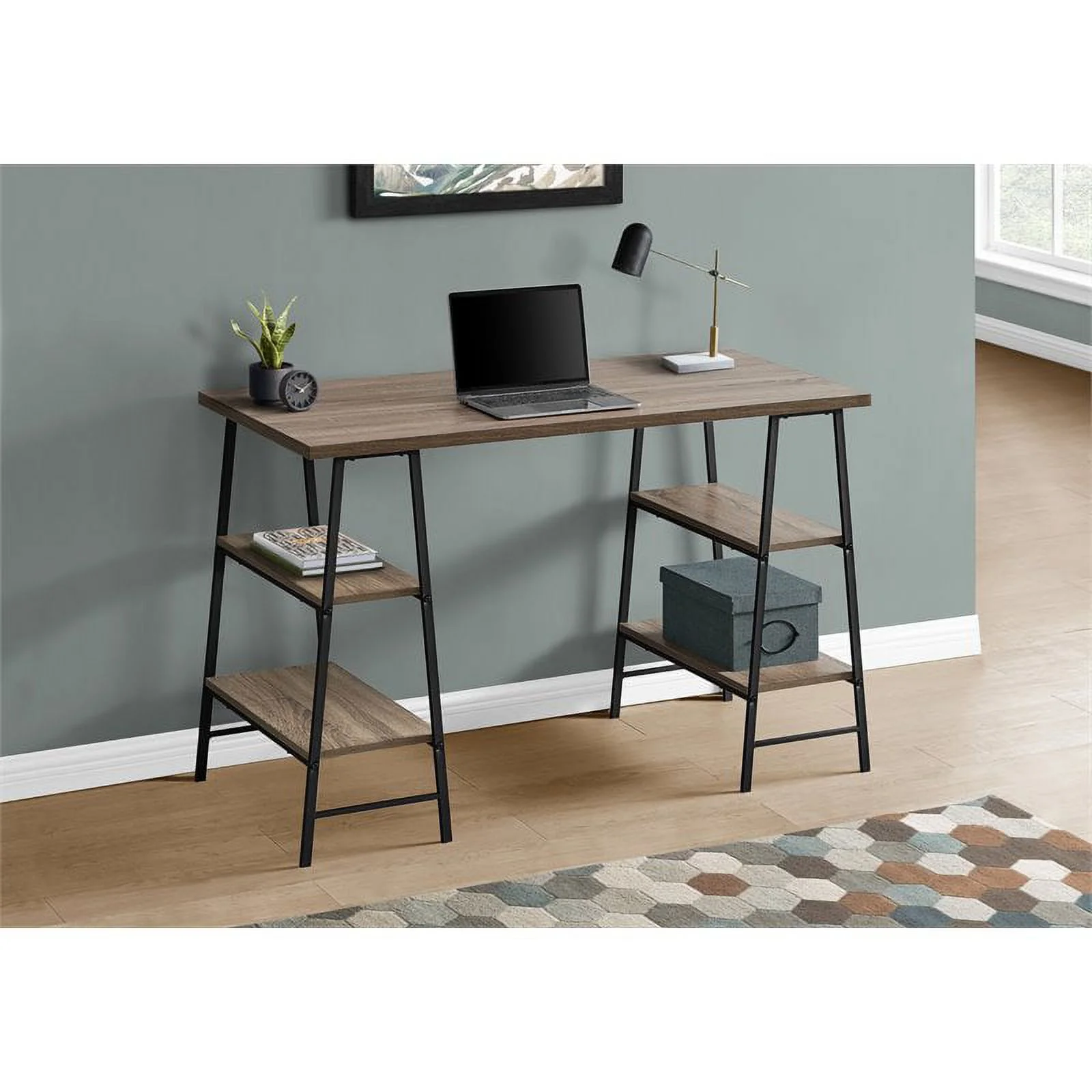 Pemberly Row 3 Tier Wood Top Sawhorse Computer Desk in Dark Taupe and Black