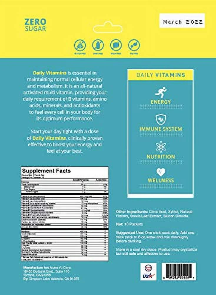 Nutra Yu - Premium Daily Vitamins - Immunity Boost, Immune Support, Sugar Free, Energy Performance, Easy Open Packets, Supplement Drink Mix (Lemon Lime) (16)
