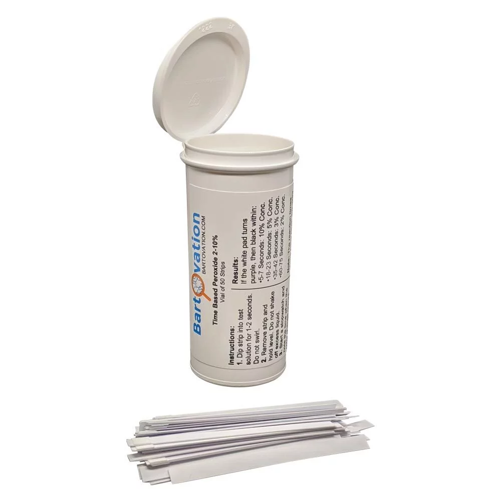 Very High Level Hydrogen Peroxide H2O2 Test Strips, 2-10%, Time Based Test [Vial of 50 Strips]