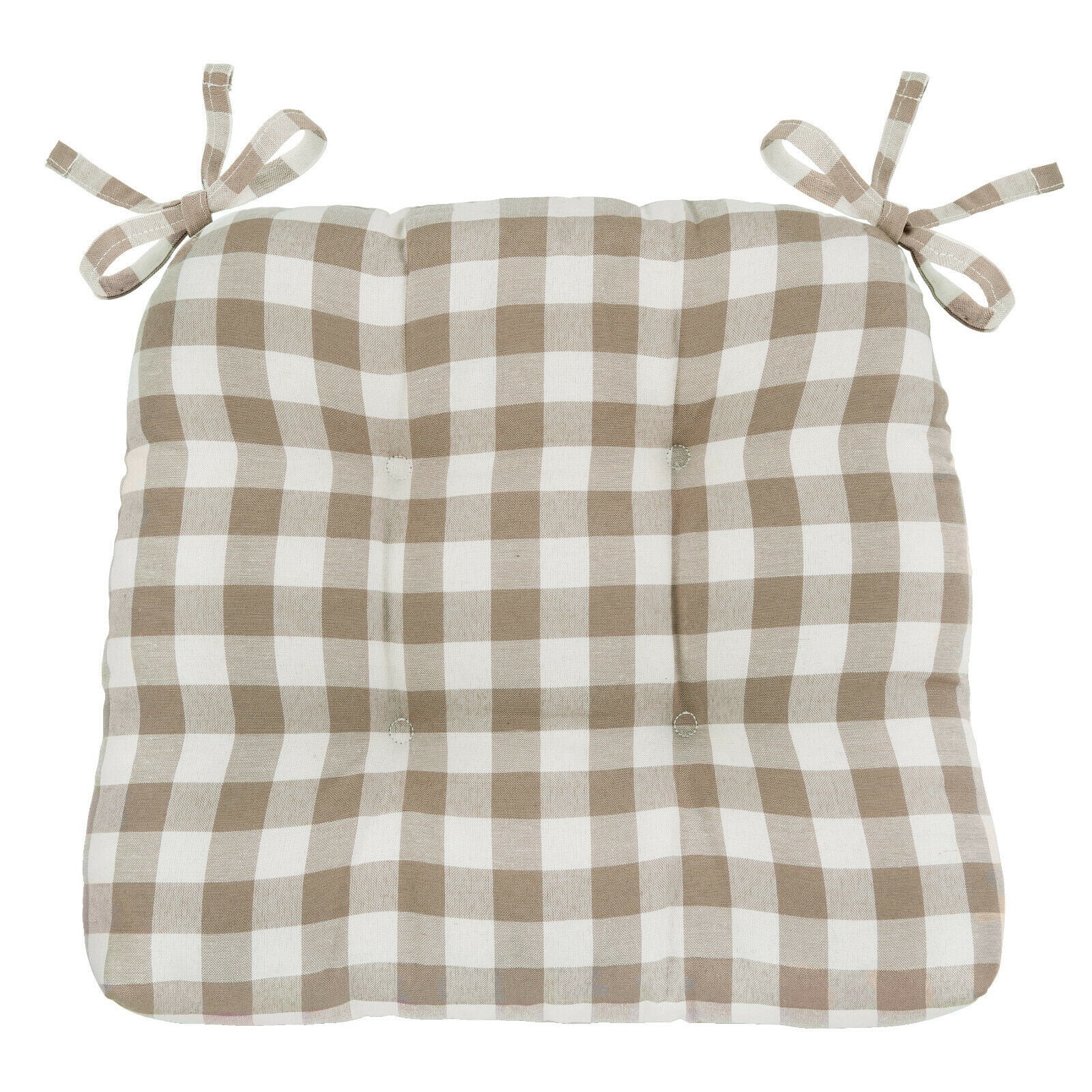 Kate Aurora Country Living Plush Gingham Plaid Checkered Country Farmhouse Chair Cushion/Pad With Tear Proof Ties - Linen/Beige