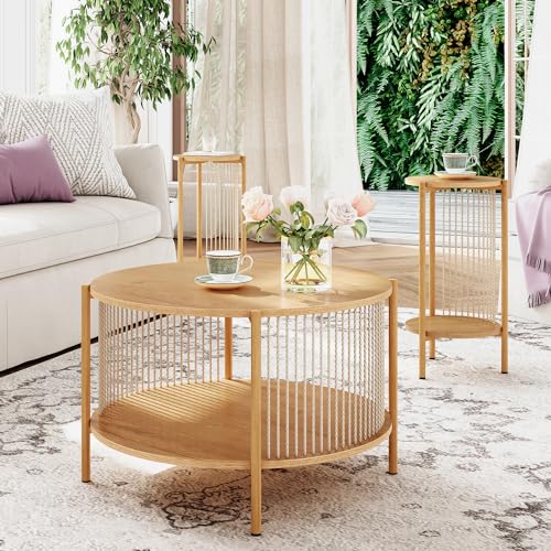 Brafab Natural Fiber Rope Coffee Table Set of 3 for Living Room, Round Wooden Rattan Coffee Table and Two End Tables, Boho 2 Tier Modern Side Table with Metal Frame for Apartment Office (Natural)