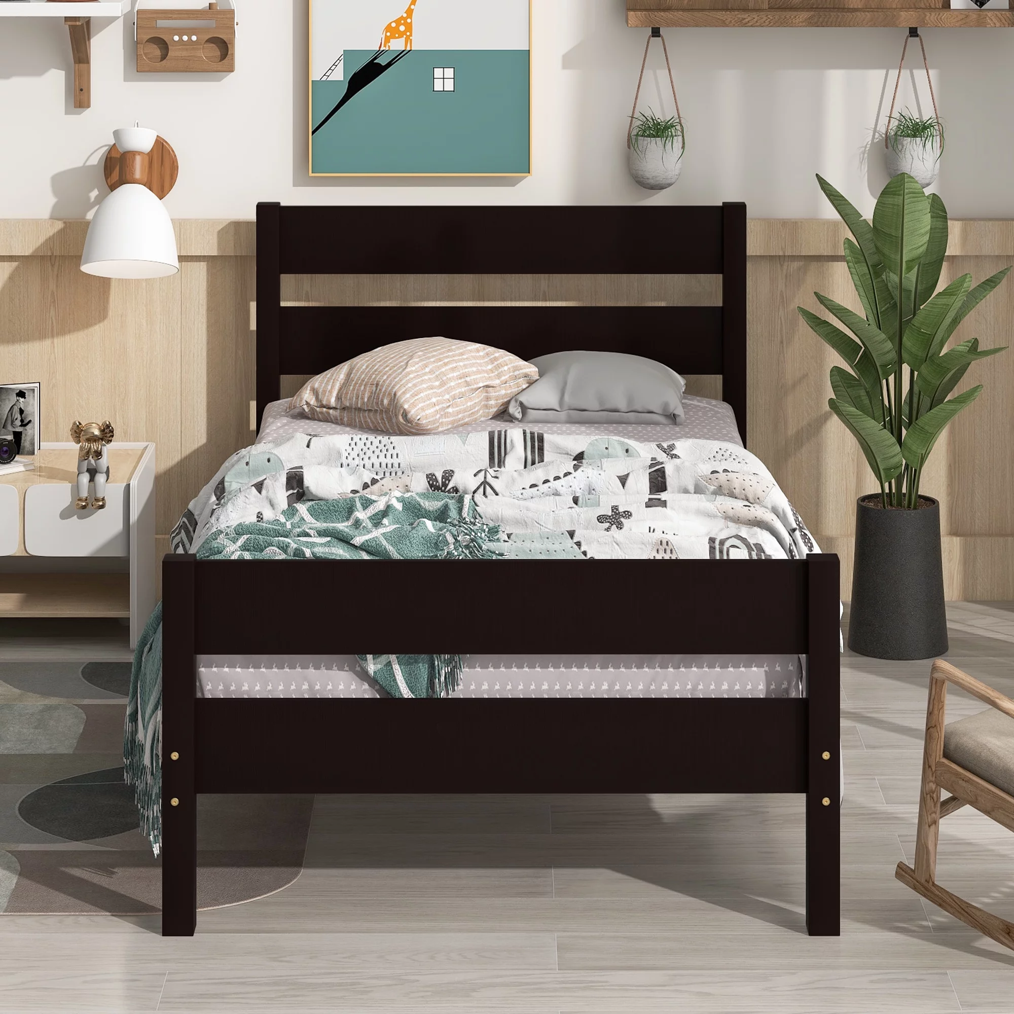 uhomepro Platform Bed Frame with Headboard and Footboard, Modern Twin Bed Frames for Kids, Heavy Duty Pine Wood Twin Size Bedroom Furniture with Wood Slats Support, No Box Spring Needed, Espresso