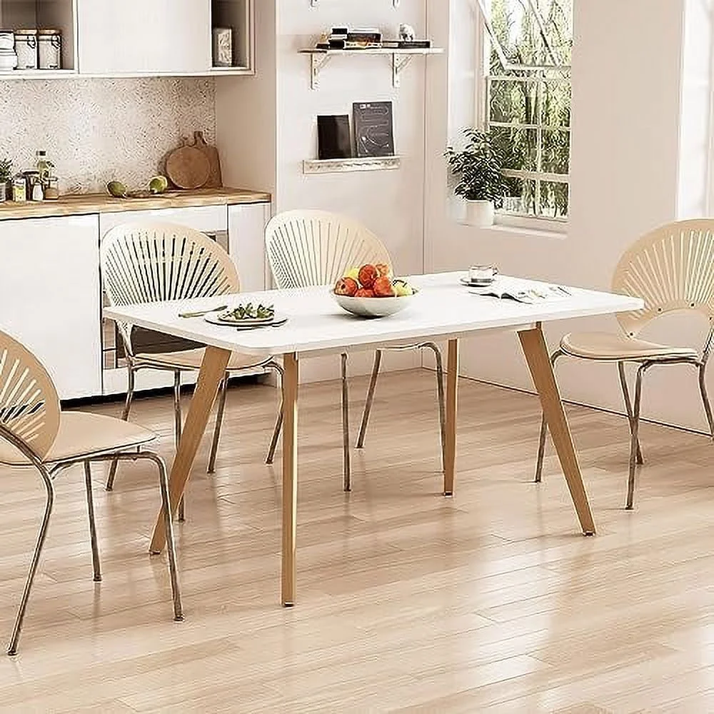 TJUNBOLIFE 47.2" Dining Table for 4-6 Person - Rectangular Kitchen Table with Soild Wood Legs Mid Century Modern Table for Dinning Room  Kitchen  Living Room (White)