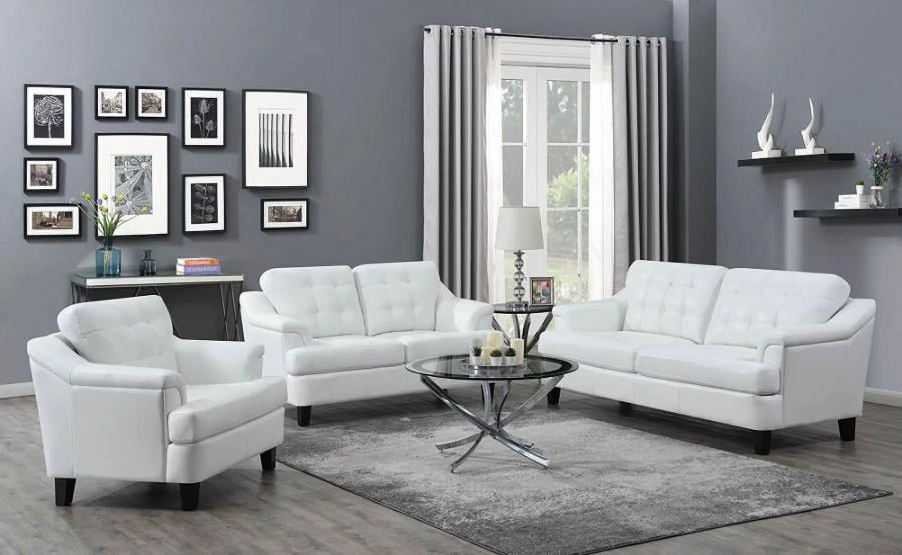 Faux Leather Upholstered Wooden Sofa with Tufted Cushioning and Wooden Feet, White and Black