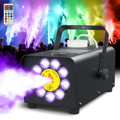 Smoke Machine, Theefun Fog Machine 450w 2500CFM with 9 LED 12 Color Lights Portable 500ml Tank No Liquid Included Stage Smoke Machine Fog Indoor with Wireless Remote Control for Wedding DJ Party