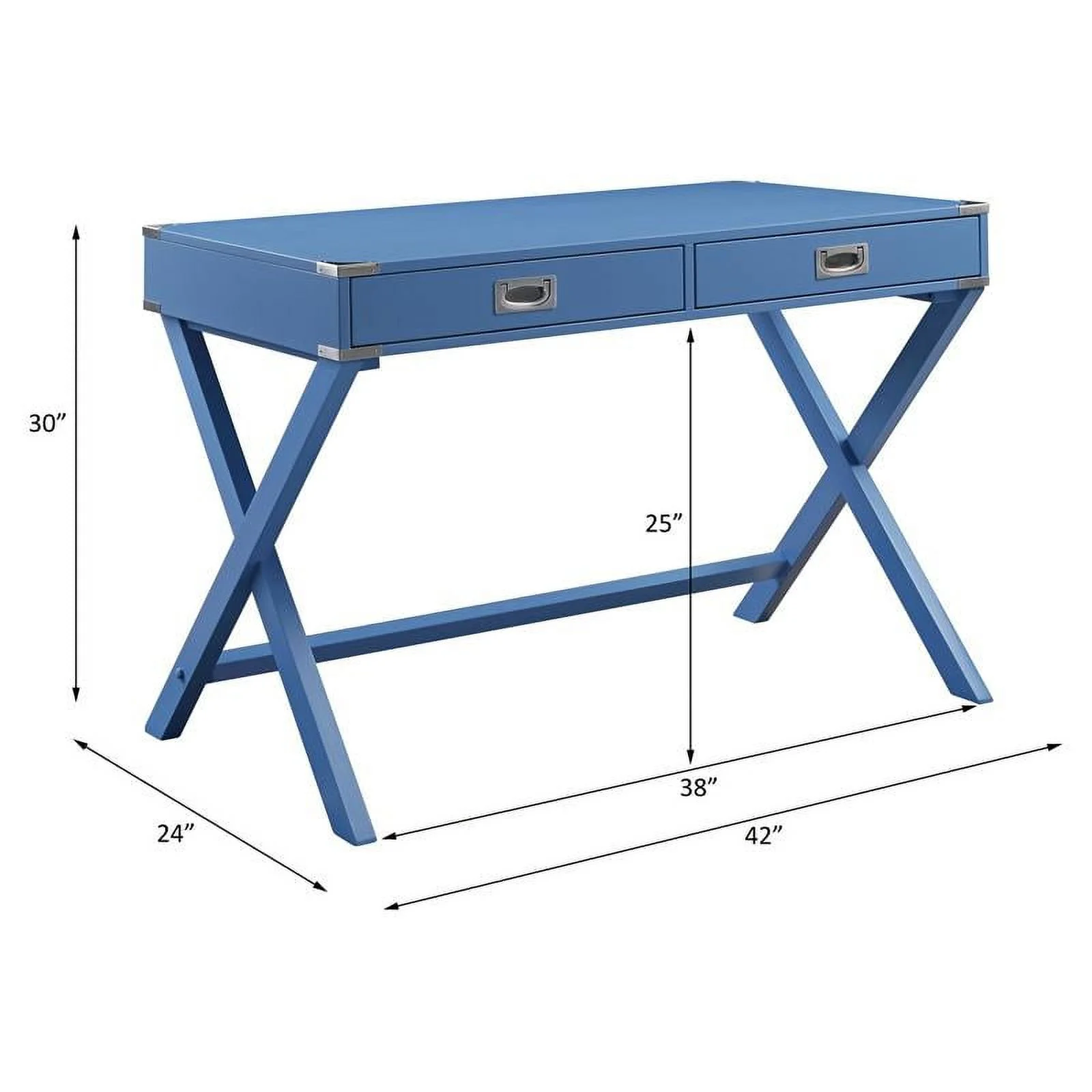 UrbanPro Wooden Rectangular 2-Drawer Writing Desk with X-Shaped Base in Blue