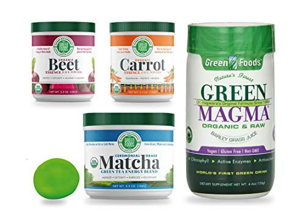 Green Foods Bundle With Organic Beet (5.3oz) Plus Carrot (5.3oz) Plus Matcha (5.5oz) Plus Green Magma (250 tabs) Plus Stress Ball.