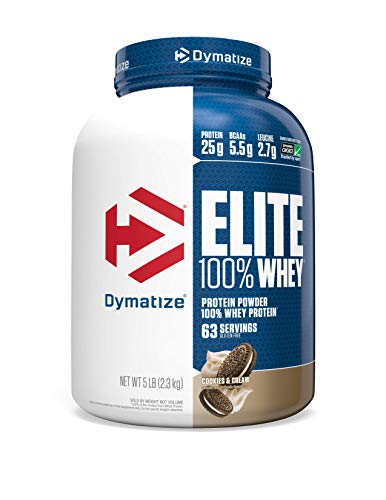 Dymatize Elite 100% Whey Protein Powder, Vanilla, 25g of Protein, 5.5g BCAAs, Less Than 140 Cal., Gluten Free, 2g Carb, 2g Sugar, 3g Fat (67 Servings)