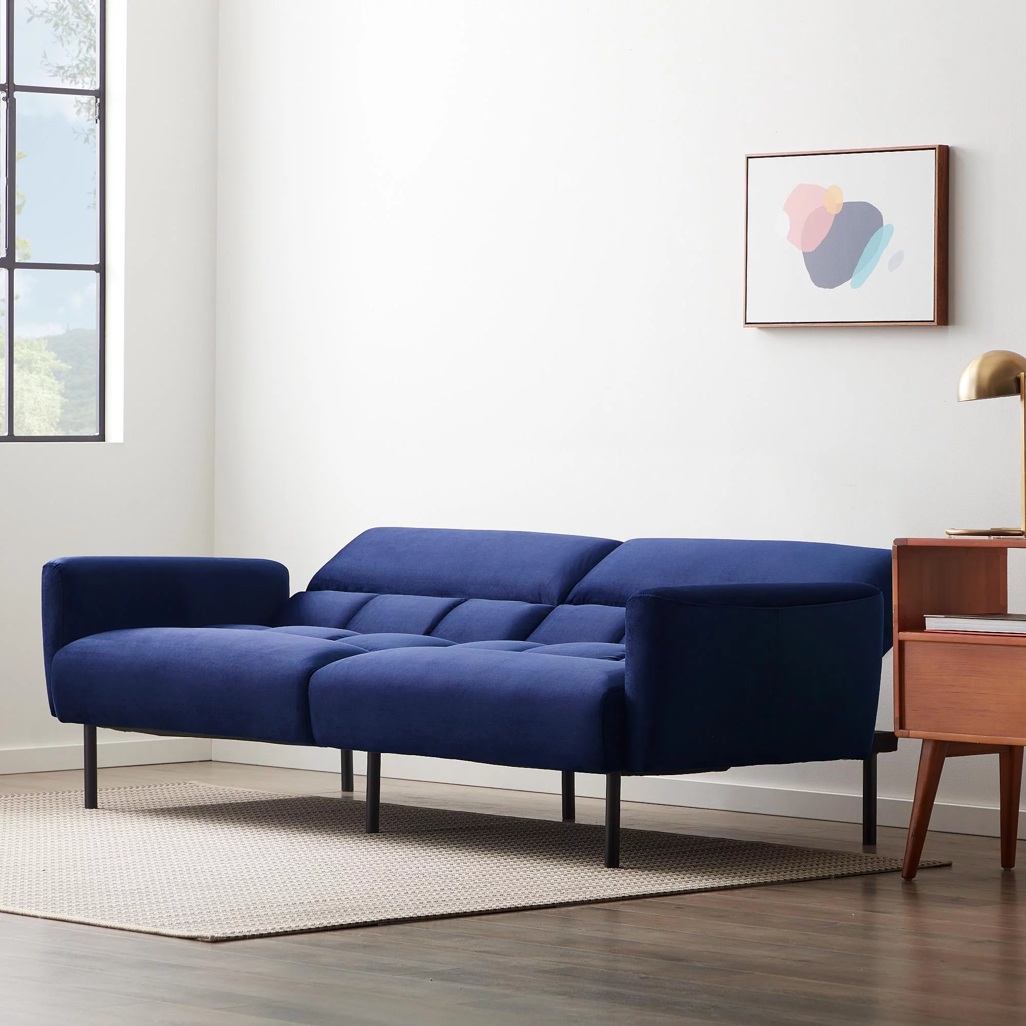 Mayview Sofa Bed with Box Tufting and Removable Arms, Navy Velvet