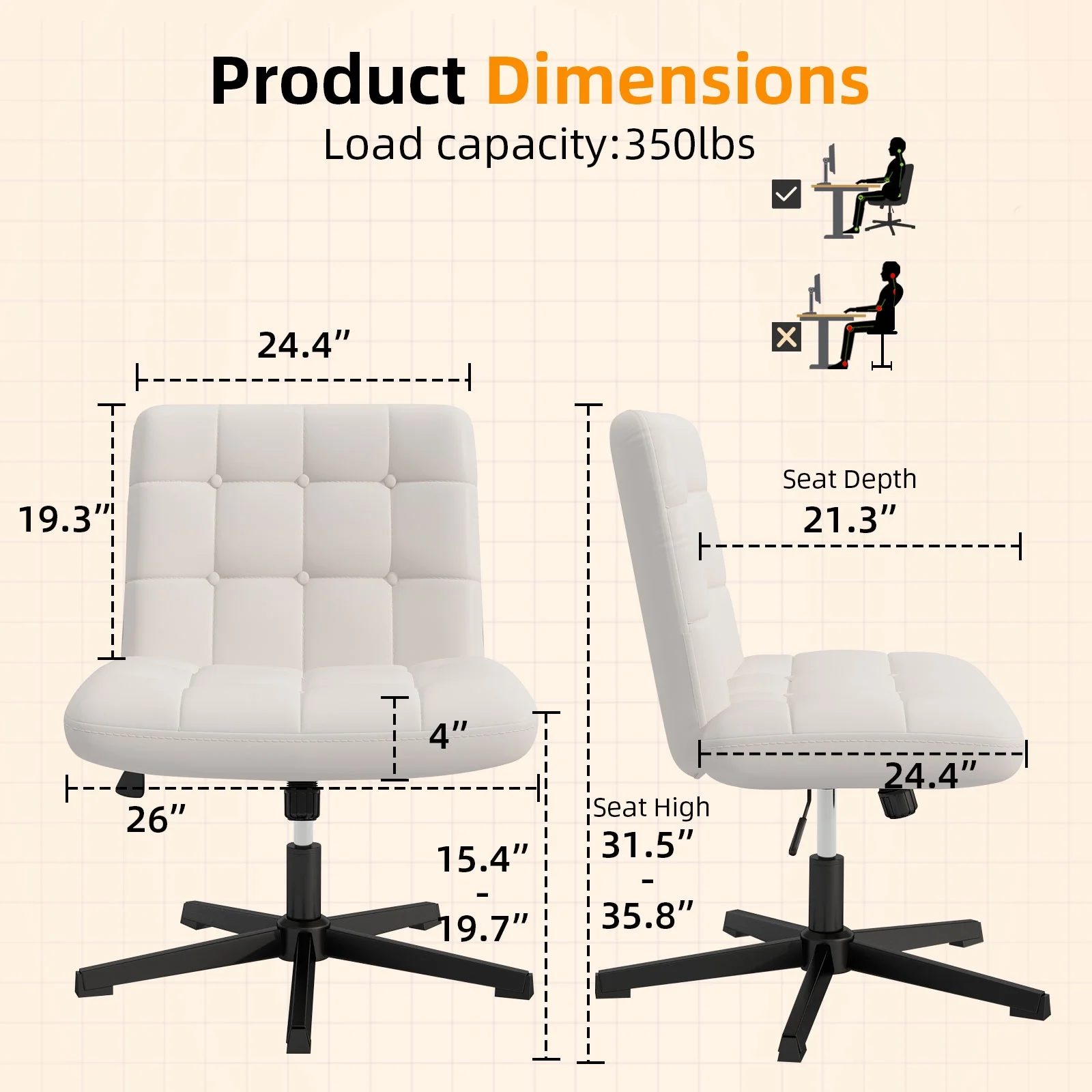 SeekFancy Criss Cross Legged Office Chair, Pu Leather Armless Desk Chair No Wheels, Wide Seat Home Office Task Chair Mid Back Vanity Chair, White