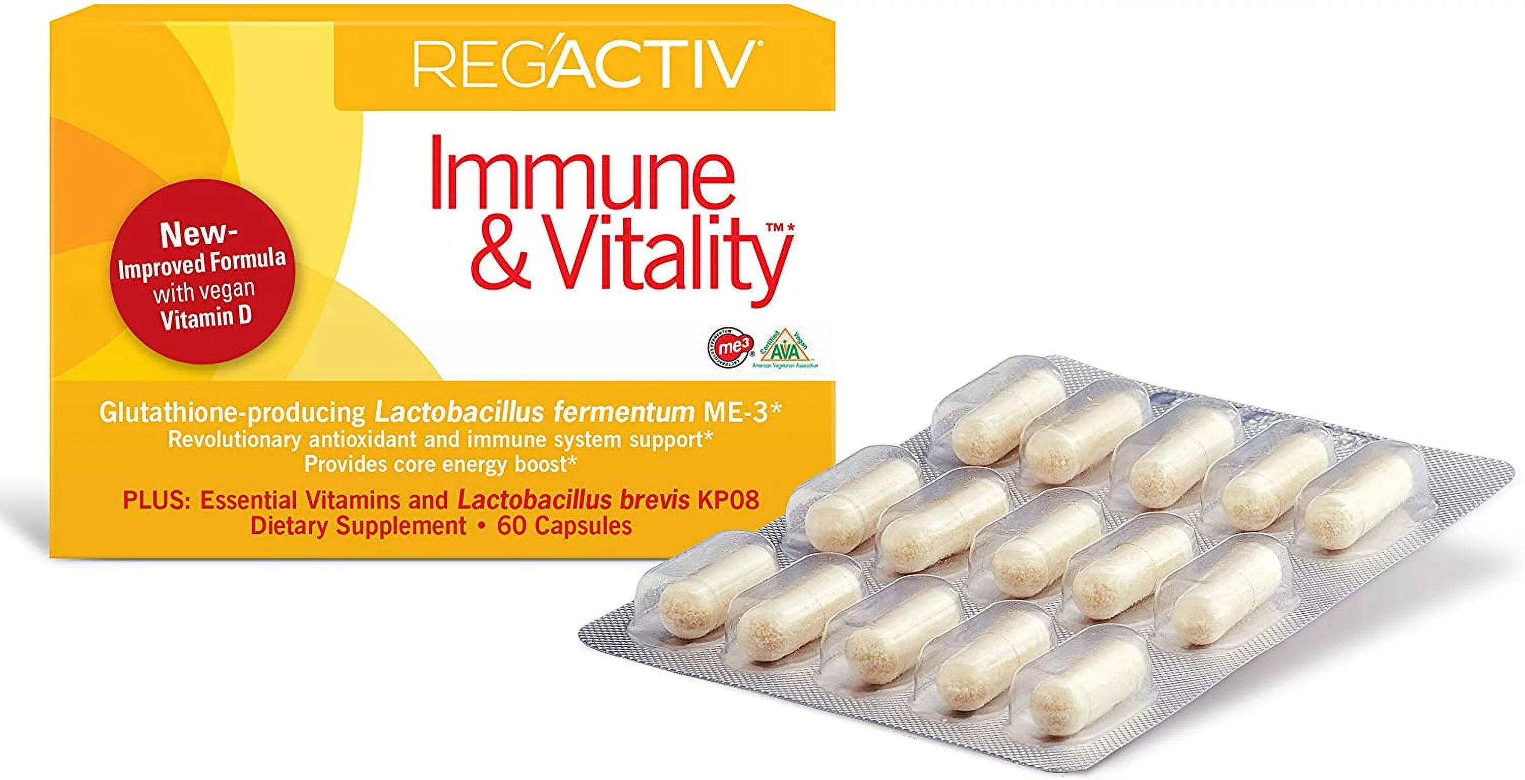 Reg'Activ Immune & Vitality with Lactobacillus fermentum ME-3, brevis KP08, Vegan Vitamin D3 and Vitamins C and B-Vitamins (B1, B2, B3 and B6) Essential for Health Maintenance