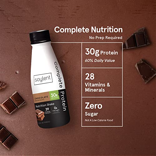 Soylent Complete Protein Shake, Chocolate, 30g Protein, Vegan, Dairy Free and 0g Sugar, Ready to Drink Protein Drinks, 11oz (12 Pack)
