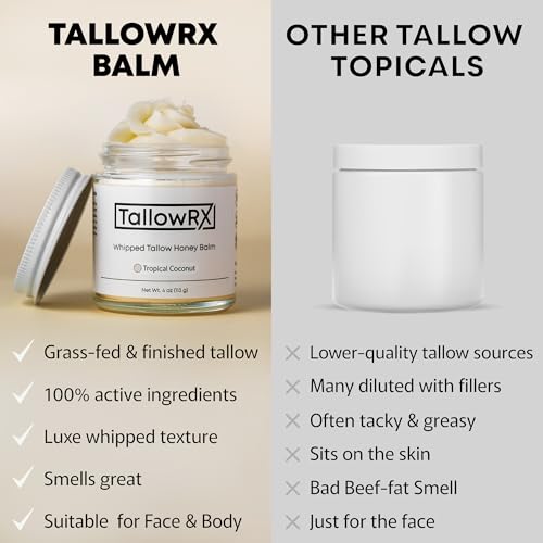 100% Grass-Fed Beef Tallow for Skin – Whipped Tallow Honey Balm, Pure & Organic Moisturizer for Face & Body with Manuka Honey, Jojoba & Calendula – Deep Hydration & Soothing (4 oz, Unscented)
