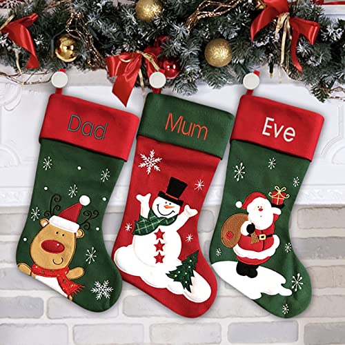 Personalized Christmas Stocking - Snowman Design - Embroidered Name - Large 18.5inch, Traditional Red and Green, Family Holiday Season Decor