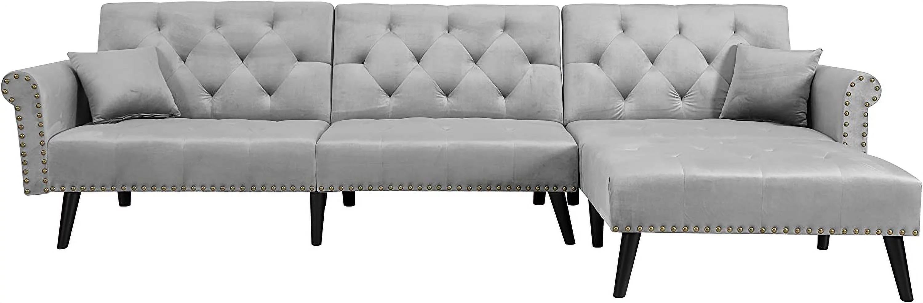 LCH Velvet Convertible Sleeper Sectional Sofa Bed Reversible L Shaped Button Tufted Couch Living Room Furniture Set with Chaise Lounge 2 Pillows  Light Grey