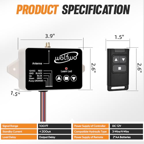 wolfwo Upgraded Dump Trailer Wireless Remote Controller, High Power Edition for 3-Wire/4-Wire 12V Hydraulic Dump Trailer. 100 Ft. Signal Distance, Safe and Efficient, with 2 Wireless Remote Controls