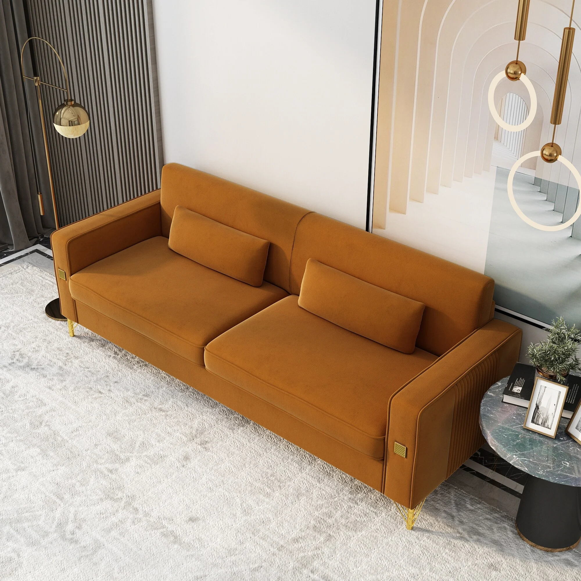 Modern Velvet Upholstery Loveseat with Cushions and Metal Legs Black