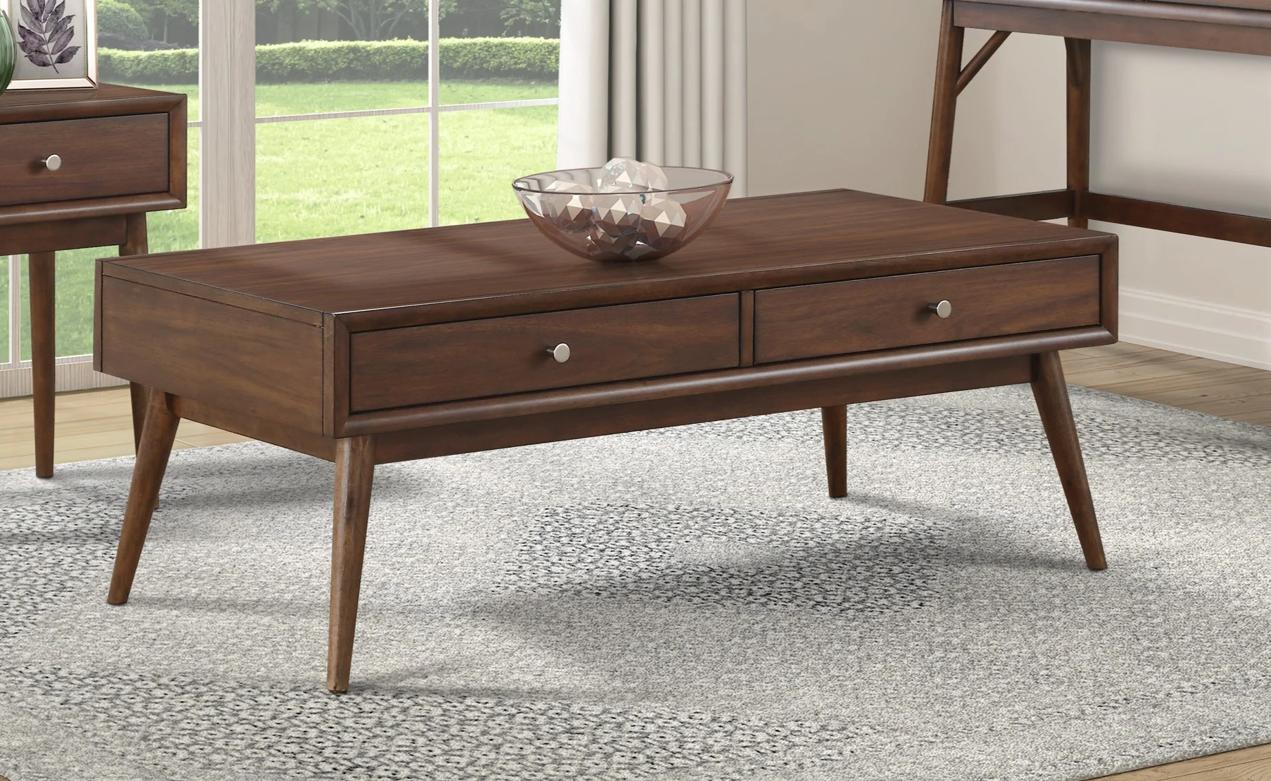 CoSoTower Retro Modern Style 1Pc Coffee Table with 2X Drawers Brown Finish Living Room Furniture Walnut Veneer Wooden Furniture