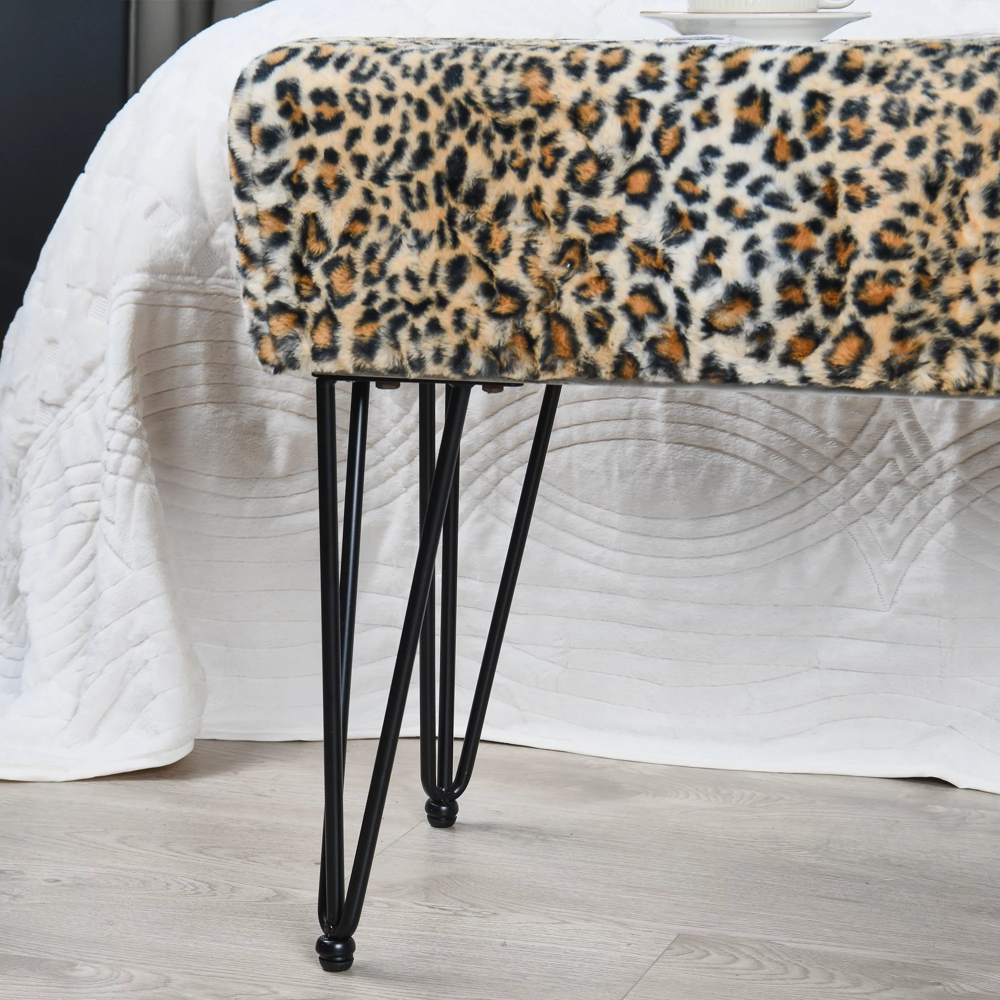 Home Soft Things Faux Fur Ottoman- Leopard - Black Leg - 46x16x22