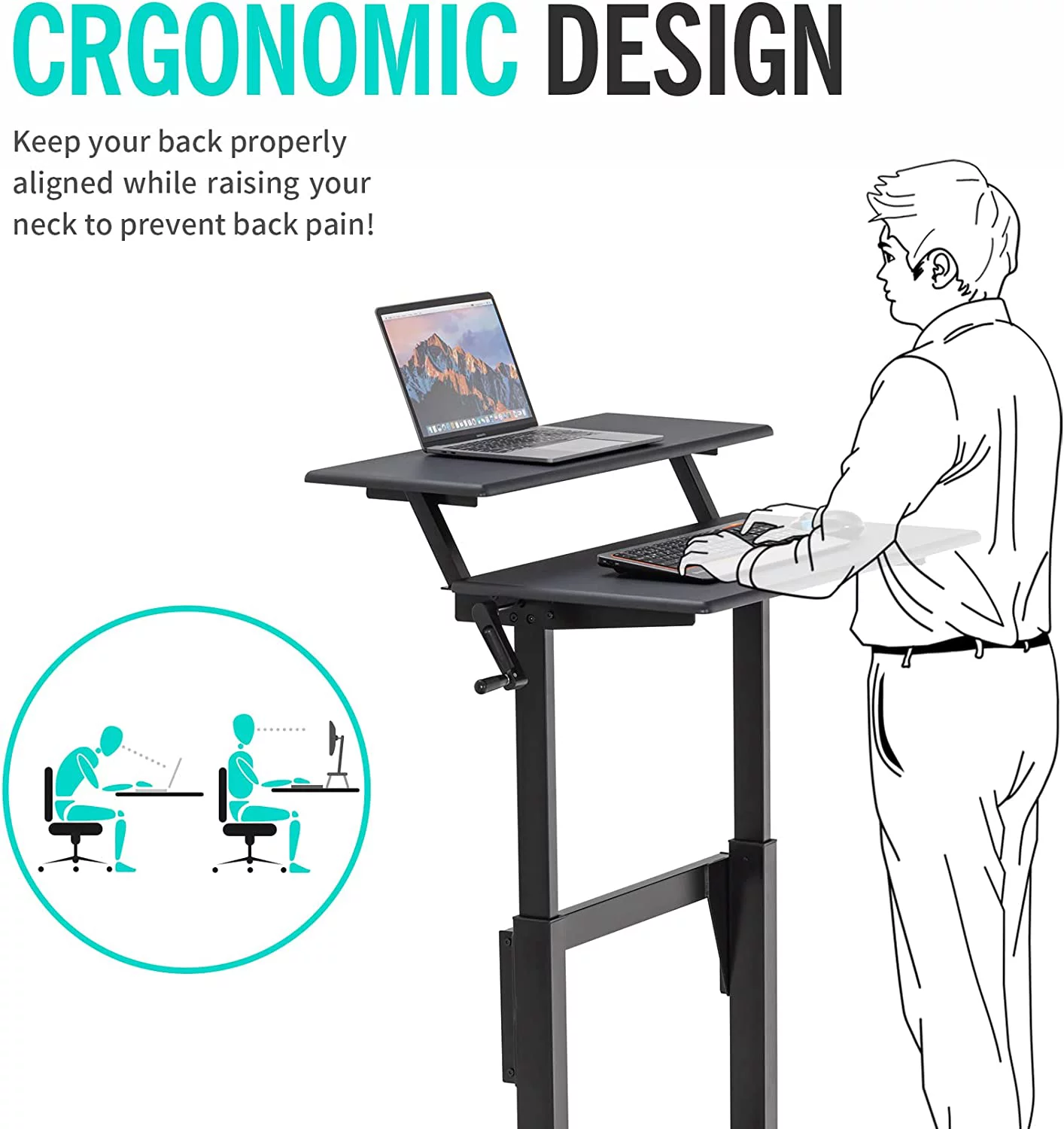 Crank Adjustable Height Standing Desk, 2 Tier Adjustable Sit To Stand Up Desk, Mobile Standing Desk, Rolling Table  (White Frame/Light Oak Top-2T-Crank)