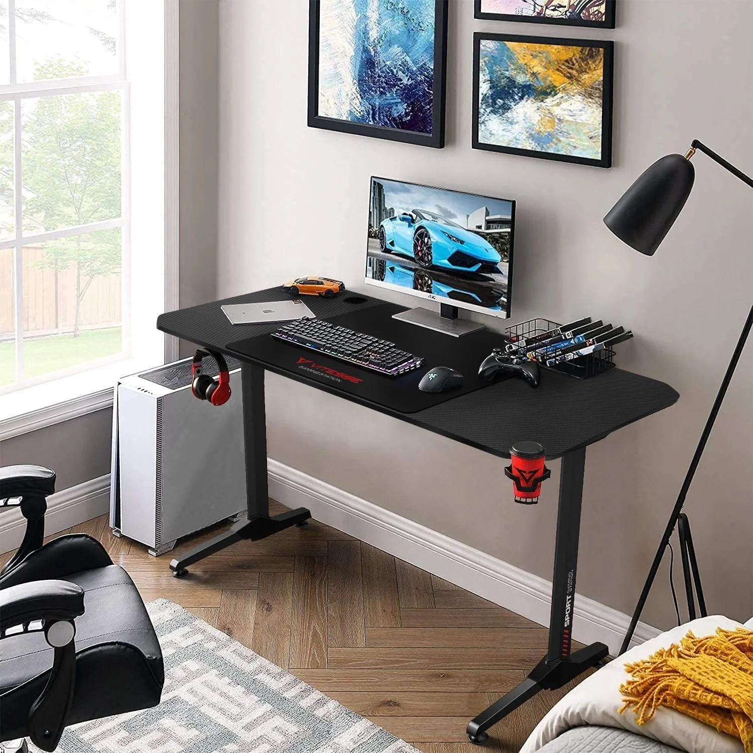 Waleaf Ergonomic Gaming Desk 55 Inch, T Shaped Office PC Computer Desk with Full Desk Mouse Pad, Gamer Tables with Gaming Handle Rack, Cup Holder Headphone Hook