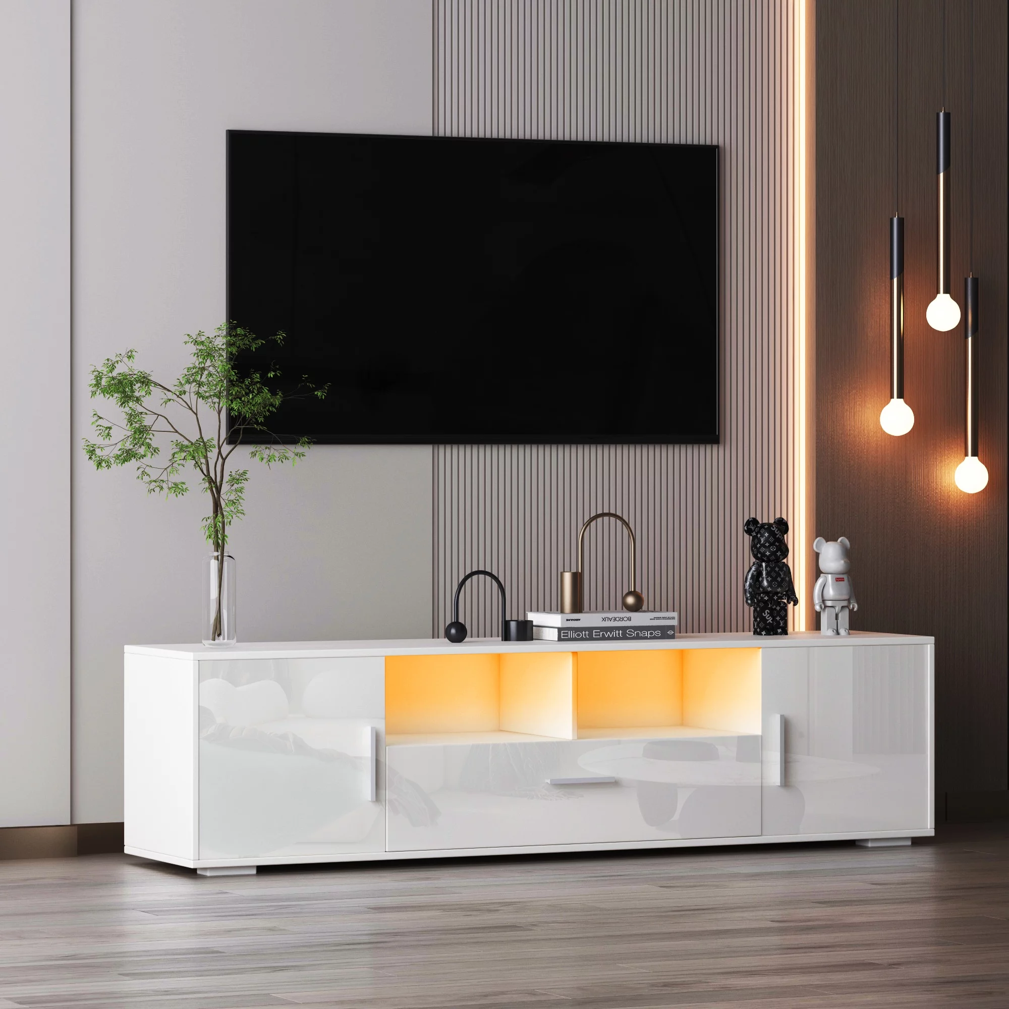 HSUNNS TV Stand with RGB Lights for Living Room, High Glossy Front TV Stand Cabinet for up to 65in TV, with 16 Lights, 3 Doors, Open Shelf, Modern Living Room Media Furniture, 20min Quick Assemble