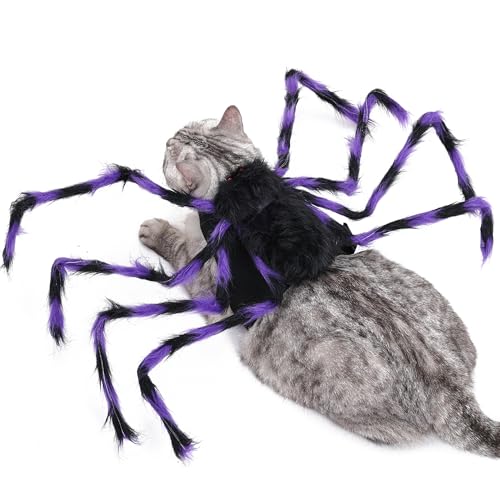 Halloween Spider Costume for Dog Cat, Furry Purple and Black, with 8 Legs, Adjustable Party Decoration, Size Large