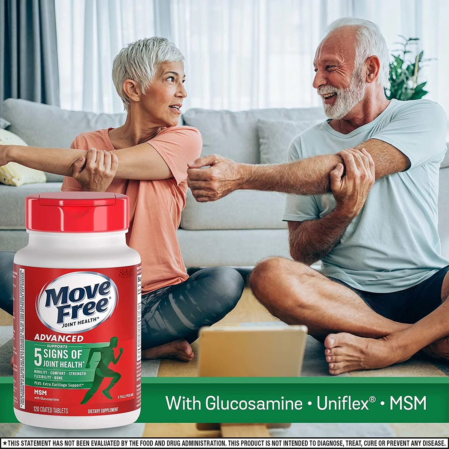 Advanced Glucosamine Chondroitin MSM Joint Support Supplement For Men and Women, Supports Mobility Comfort Strength Flexibility & Bone - (120ct bottle), Coated Tablets*