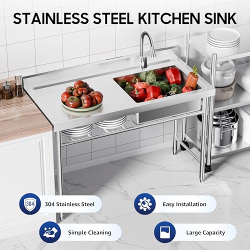 Stainless Steel Utility Sink, Free Standing Single Bowl Commercial Kitchen Sink Set with Withdrawable Faucet, Workbench, Shelf, 47.2 x 23.6 x 31.5in Sinks for Home, Garage, Restaurant