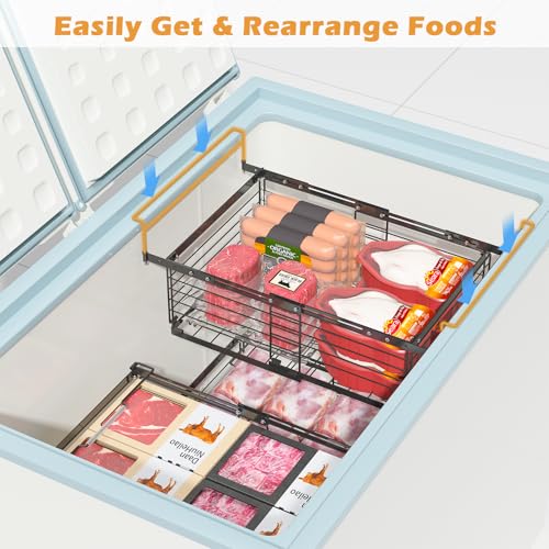 NADAMOO Hanging Chest Freezer Organizer Bins, 2 Pack Large Expandable Freezer Baskets for Chest Freezer, Metal Adjustable Storage Containers for Deep Freezer - Black