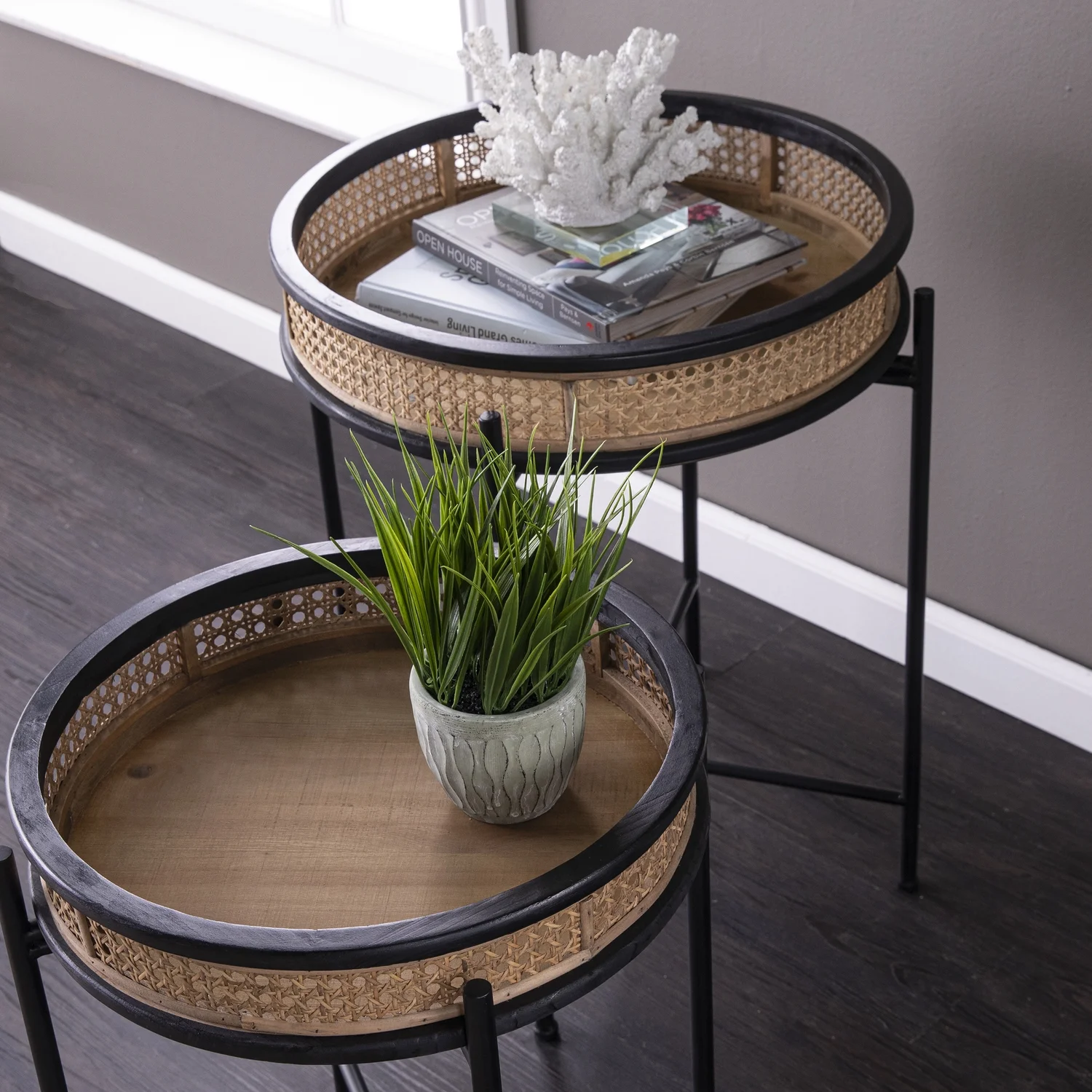 Southern Enterprises Broadmont 2-Piece Round Rattan Accent Table Set in Natural