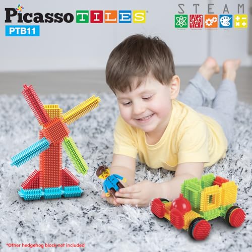 PicassoTiles 120pcs Hedgehog Interlocking Building Blocks Tiles Construction Toy Set Learning Playset STEAM Development Preschool Kindergarten Toy for Kids Age3+ PTB120