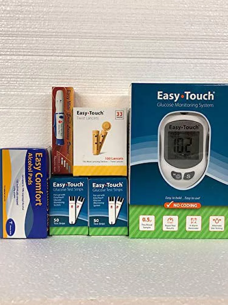 Easy Touch Set with Extras. Glucose Meter + 100 Test Strips + 100 Lancets + Lancing Device + 100 wipes