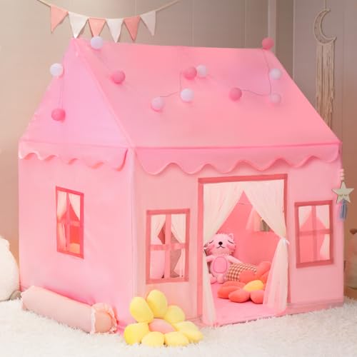 Large Kids Tent Playhouse Base Fabric with Star Lights, Flags and Tote Bags, Kids Play Tent Indoor & Outdoor, Washable Teepee Tent for Boys & Girls, Play House for Toddler, Neutral Color