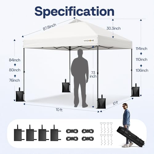 VIVOHOME 10x10ft Pop Up Canopy Tent One Push Setup Outdoor Portable Shelter Tent Heavy Duty with Wheel Carry Bag and 4 Sandbags, White