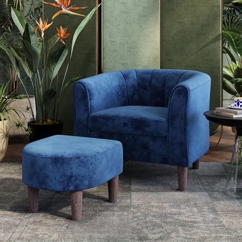 LINSY Accent Chair with Ottoman, Modern Barrel Chair Small Armchair Reading Chair with Footrest, Comfy Round Arms Chair for Living Room Bedroom Reading Room, Velvet, Olive Green