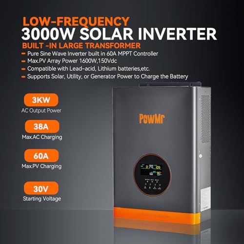 3000W Solar Inverter Pure Sine Wave, Peak 9000W, Low-Frequency Inverter Charger 24V to 110V Built-in 60A MPPT Controller, fit for Lead-Acid Lithium Battery and Support Utility/Generator/Solar Charge