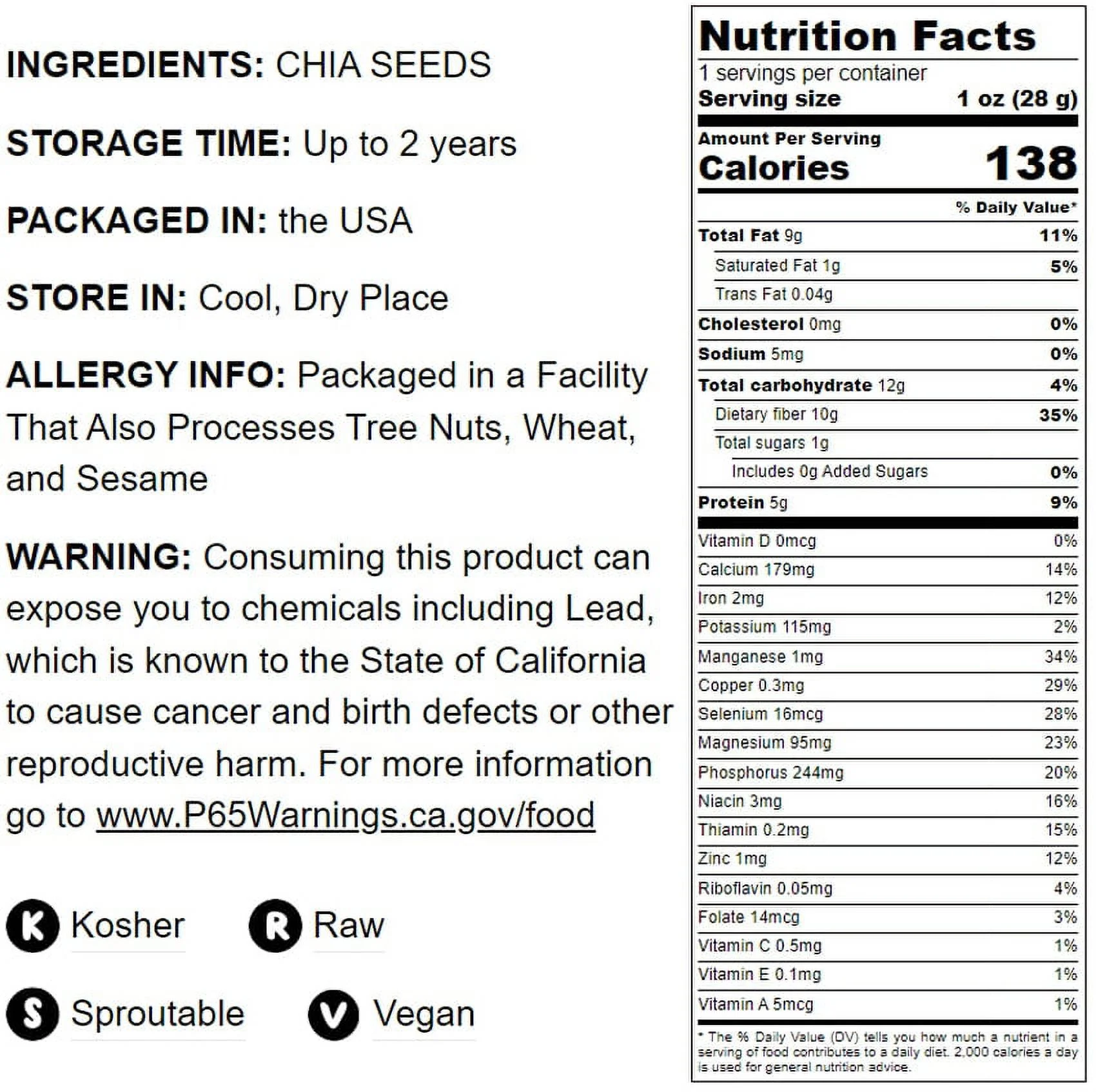Black Chia Seeds, 5 Pounds — Kosher, Sproutable, Raw, Vegan — by Food to Live