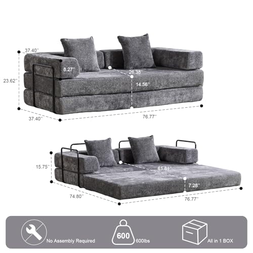 Convertible Sleeper Sofa Bed with Cylindrical Pillow, Corduroy Folding Mattress Couch with Fixed-Shape Frame, Floor Sofa Lounge Couch for Living Room Bedroom Lounge Studio, Beige