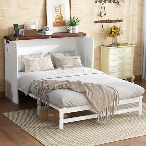 SOFTSEA Queen Size Murphy Bed Cabinet Bed with Storage Drawer and Charging Station, Modern Foldable Platform with USB Port, Space-Saving Hidden Wall Murphy for Home Guest Room Small Room, White