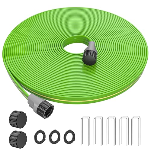 Sprinkler Soaker Hose 50 FT for Yard Garden, Flat Soaker Hose with Stakes, Irrigation Drip Hose, Watering Hose with Holes for Lawn