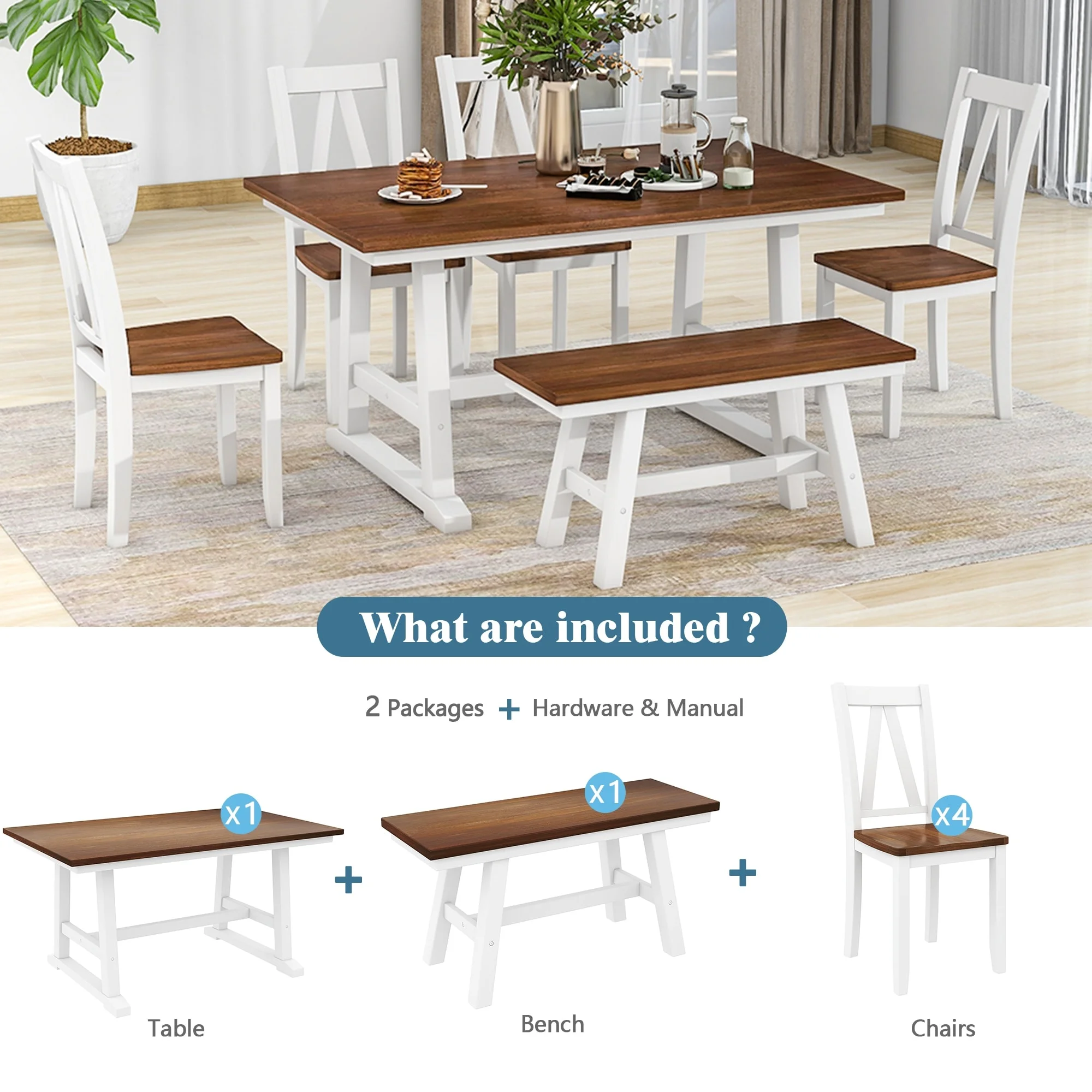 6-Piece Wood Dining Table Set with Bench and Chairs, Farmhouse Style White