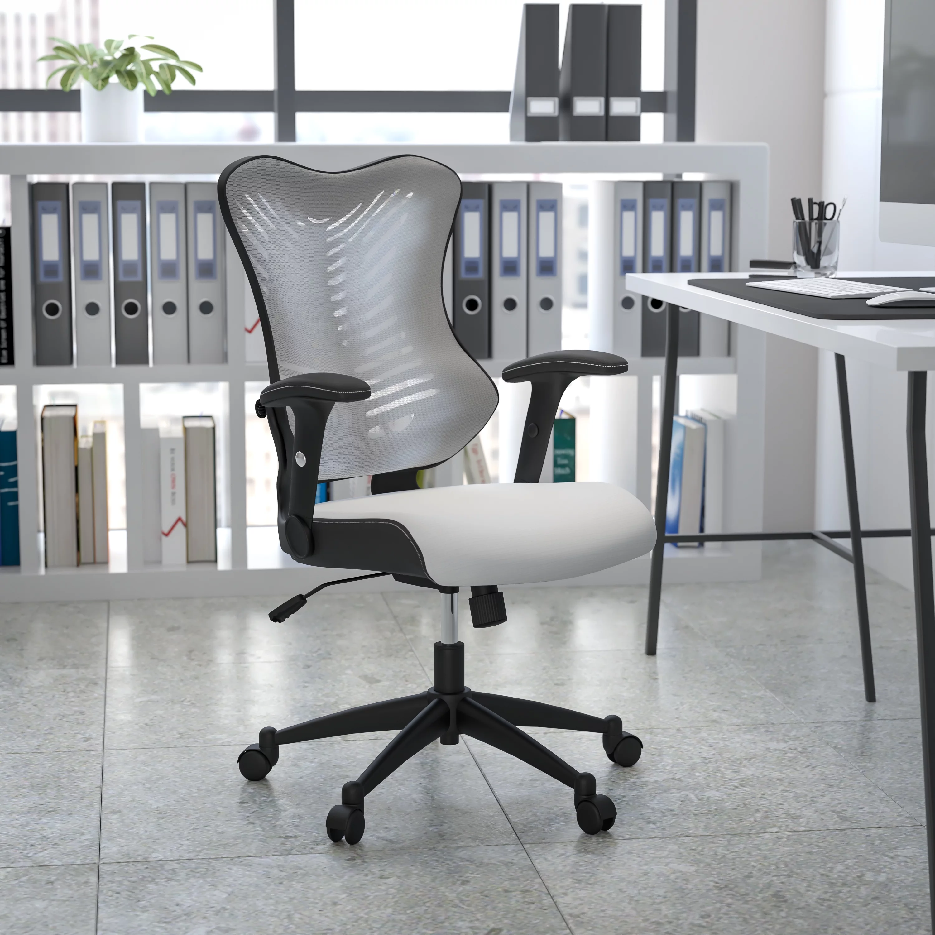 Emma + Oliver High Back Designer White Mesh Executive Ergonomic Office Chair - Adjustable Arms