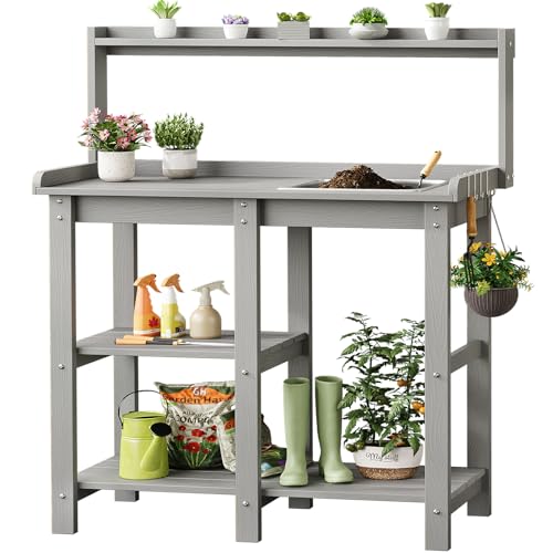 Potting Bench, Outdoor Potting Bench Table with Removable Sink, HDPS Potting Benches for Outside, Garden Table with Storage Shelves & 4 Side Hooks, No Rot, No Fade, No Break, 360lbs Capacity