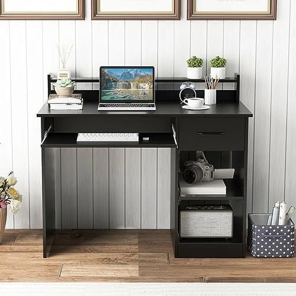 CCBIUOMBO Computer Desk  Office Desk with Drawers  Hutch  Keyboard Tray & Adjustable   Small Desk with    Office Desks  White Desk for Bedroom  Living Room  Study (White)